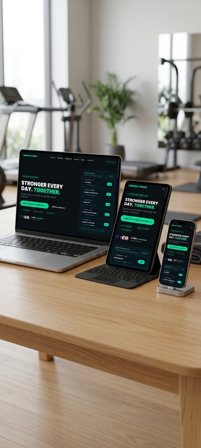 Landing page - Arrow Fitness shown across desktop, tablet and mobile breakpoints